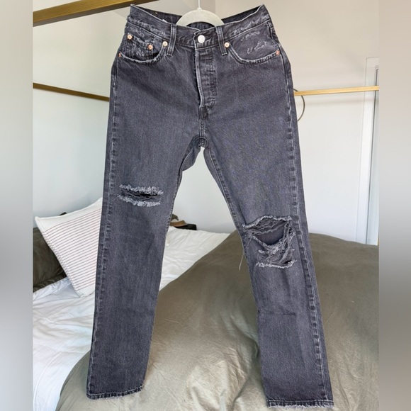 Levi’s 501 Button Fly Jeans 27x32 Gray Distressed 100% Cotton Straight Leg Denim - Picture 1 of 7
